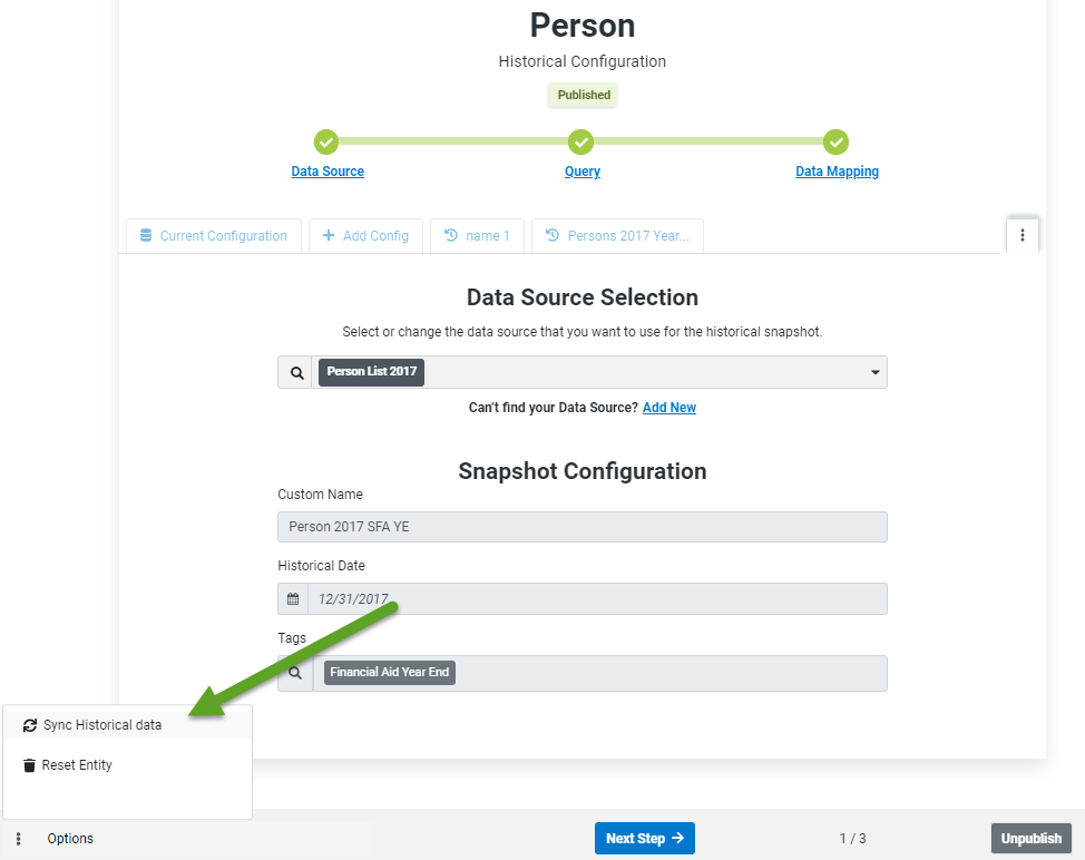 Entity configuration page showing the Sync Historical button for a published historical entity. 